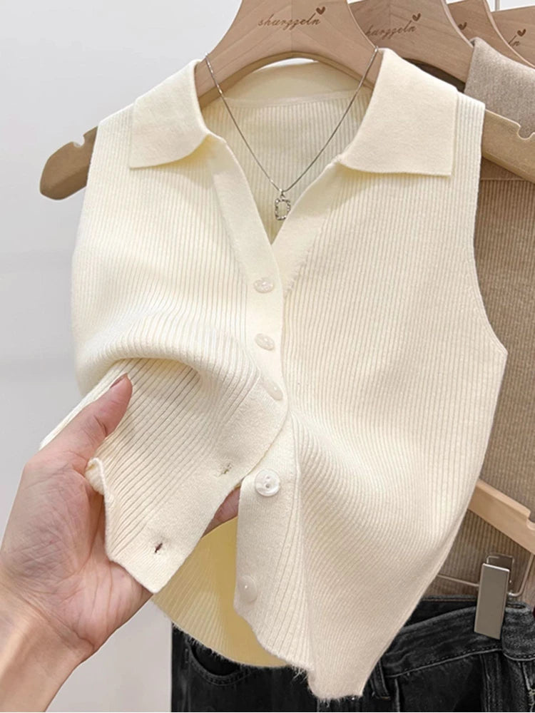 Solid Color Knitted for Women Cardigan Korean Single Breasted Sleeveless Jumper Woman Round Neck All Match Cardigans Outwear