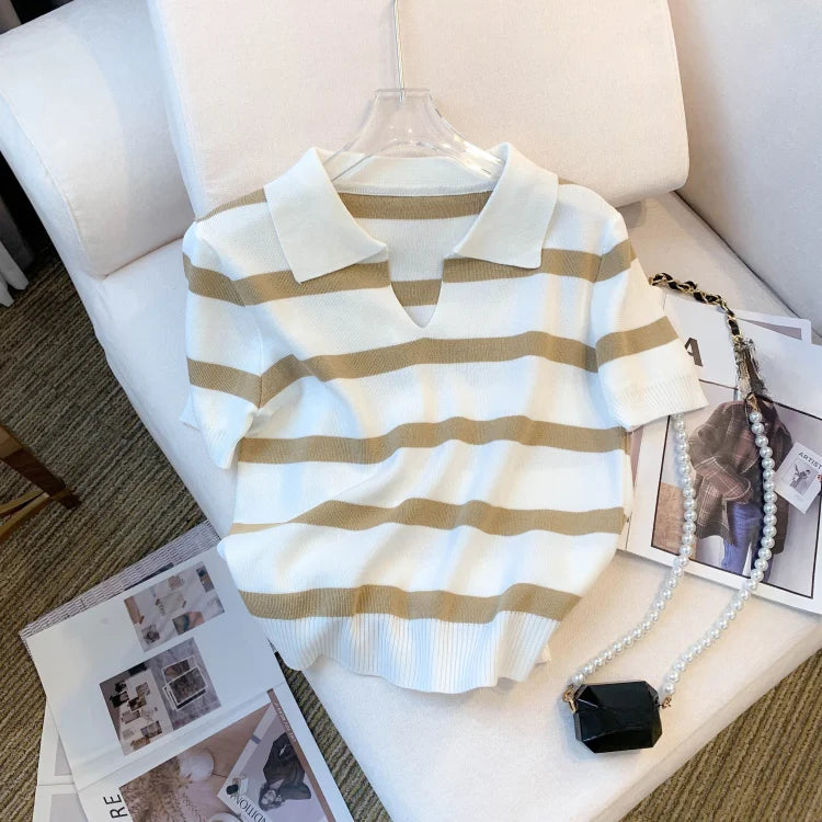 2026 New Striped Pattern Collared Sweater Versatile Short Sleeve Knitted Top For Spring & Summer Women's Clothing Crop Top