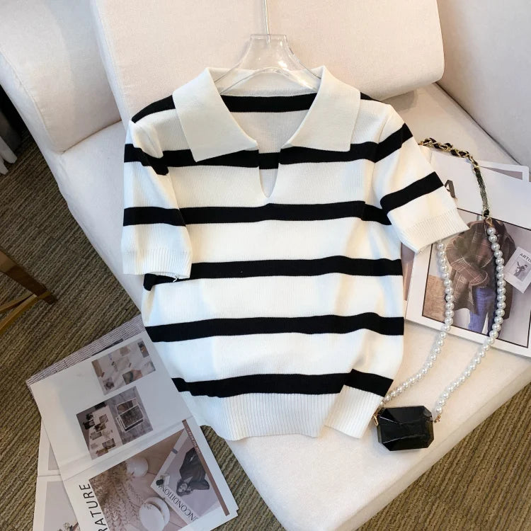 2026 New Striped Pattern Collared Sweater Versatile Short Sleeve Knitted Top For Spring & Summer Women's Clothing Crop Top