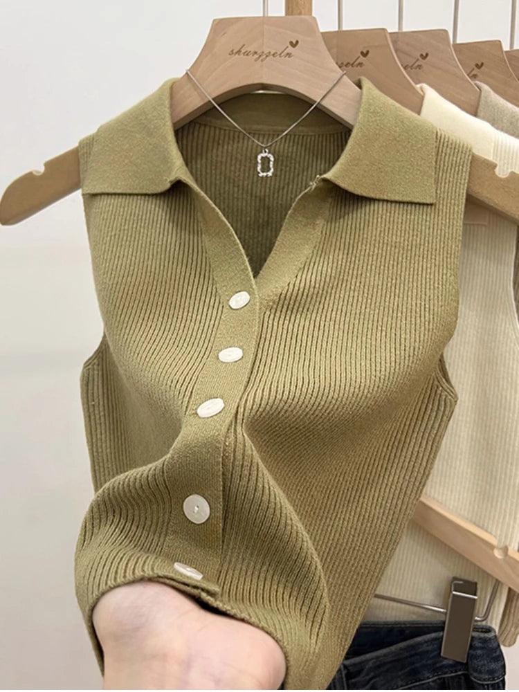Solid Color Knitted for Women Cardigan Korean Single Breasted Sleeveless Jumper Woman Round Neck All Match Cardigans Outwear