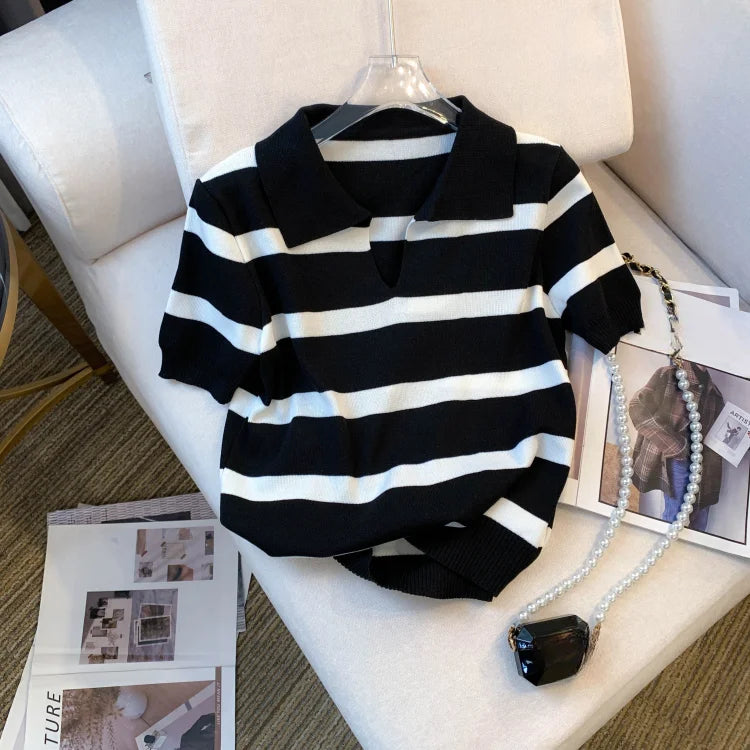 2026 New Striped Pattern Collared Sweater Versatile Short Sleeve Knitted Top For Spring & Summer Women's Clothing Crop Top
