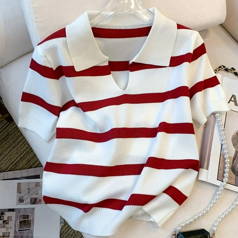 2026 New Striped Pattern Collared Sweater Versatile Short Sleeve Knitted Top For Spring & Summer Women's Clothing Crop Top