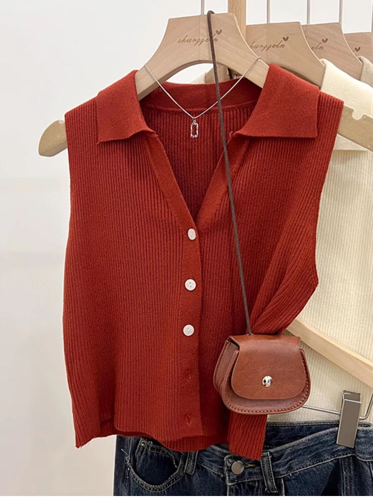 Solid Color Knitted for Women Cardigan Korean Single Breasted Sleeveless Jumper Woman Round Neck All Match Cardigans Outwear