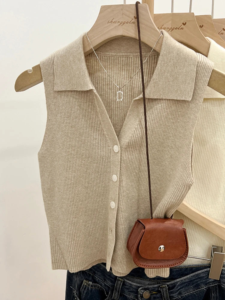 Solid Color Knitted for Women Cardigan Korean Single Breasted Sleeveless Jumper Woman Round Neck All Match Cardigans Outwear
