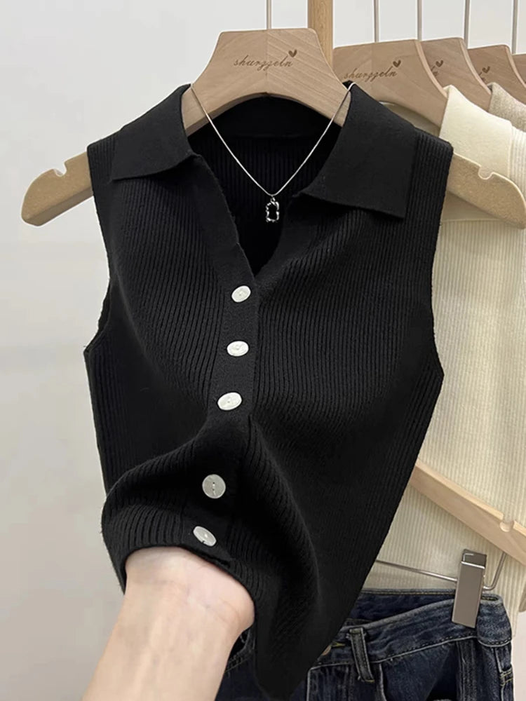 Solid Color Knitted for Women Cardigan Korean Single Breasted Sleeveless Jumper Woman Round Neck All Match Cardigans Outwear