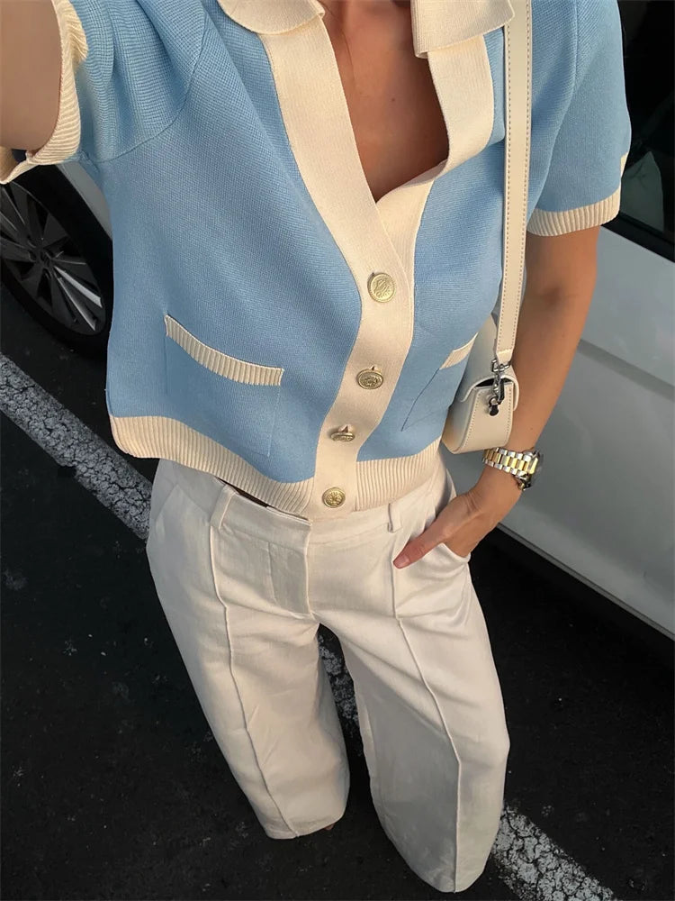 Tossy Knit Sweater Cardigan Coat Female Pocket V-Neck Contrast Short Sleeve Patchwork Elegant Vest Women's Knitwear Cardigan Top
