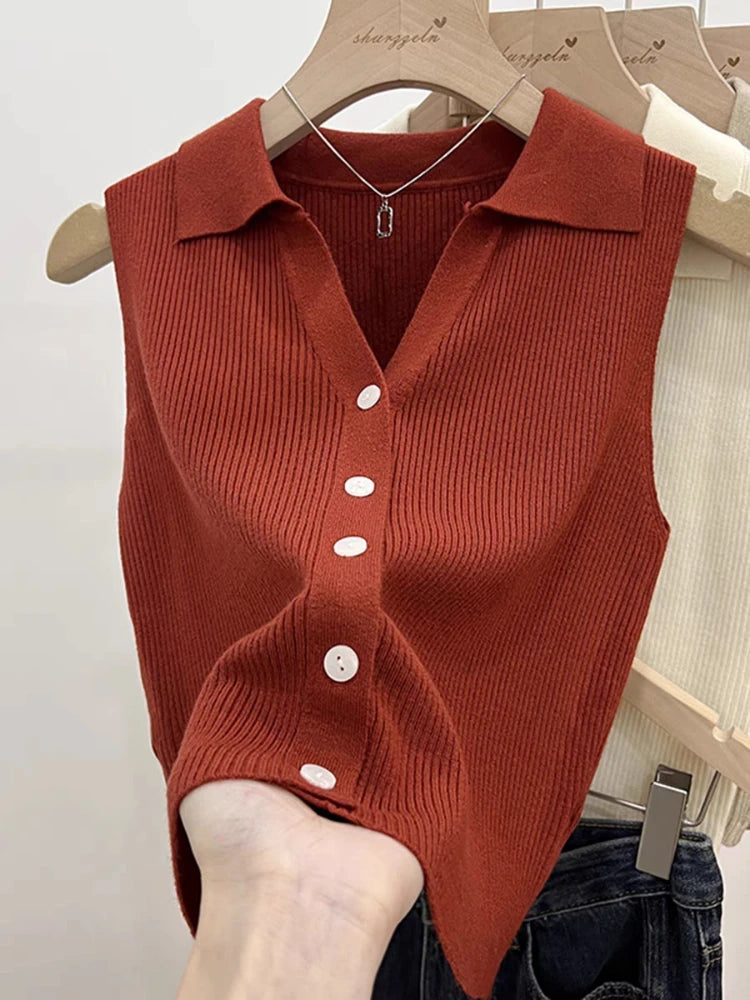 Solid Color Knitted for Women Cardigan Korean Single Breasted Sleeveless Jumper Woman Round Neck All Match Cardigans Outwear