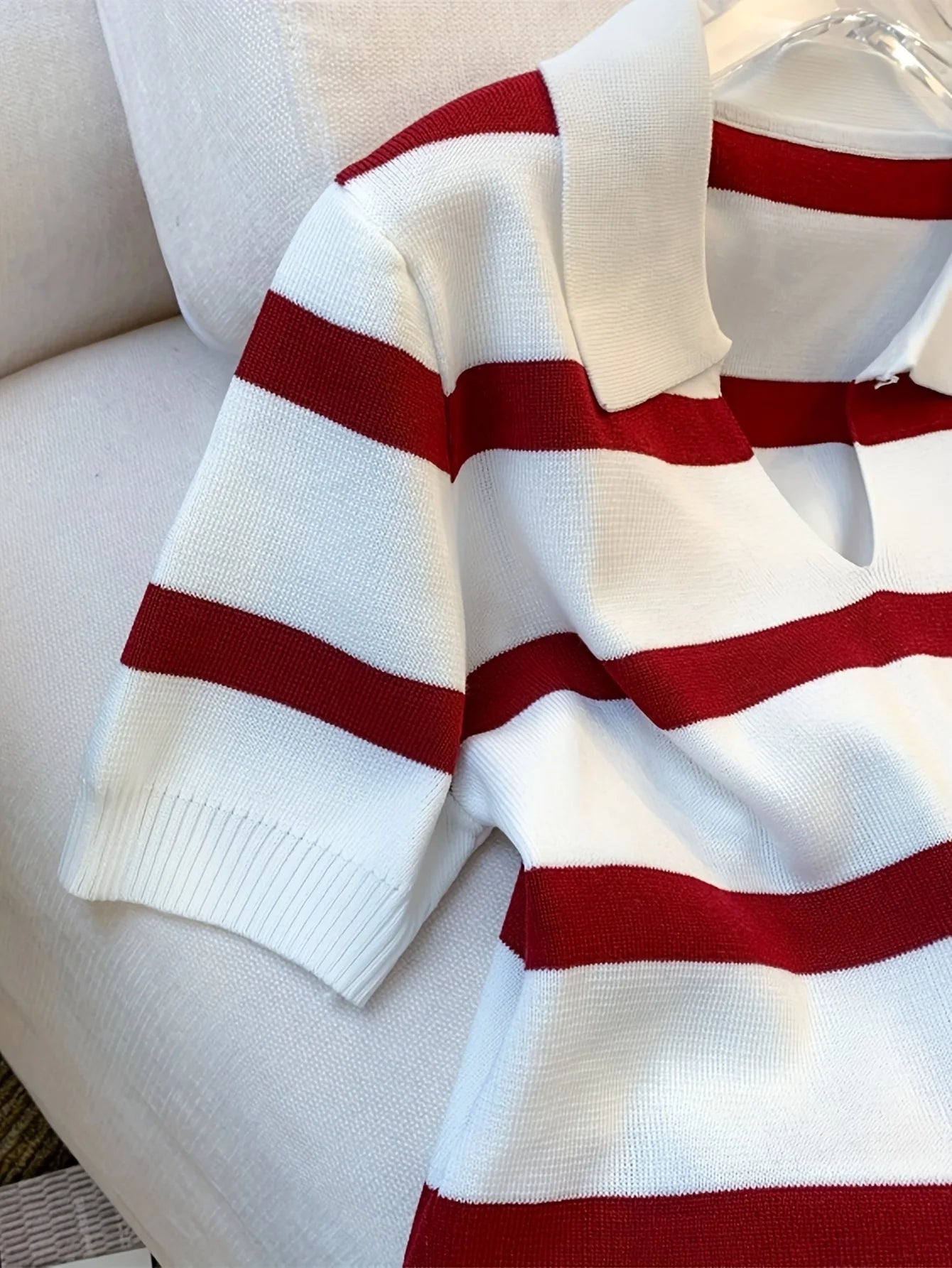 2026 New Striped Pattern Collared Sweater Versatile Short Sleeve Knitted Top For Spring & Summer Women's Clothing Crop Top