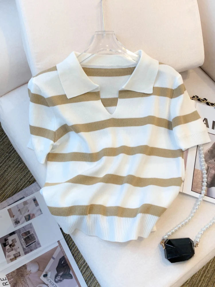 2026 New Striped Pattern Collared Sweater Versatile Short Sleeve Knitted Top For Spring & Summer Women's Clothing Crop Top